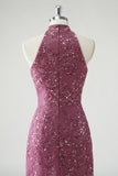 Halter Cut Out Sequins Purple Mermaid Formal Dress With Detachable Skirt Overlay