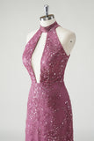 Halter Cut Out Sequins Purple Mermaid Formal Dress With Detachable Skirt Overlay