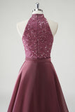 Halter Cut Out Sequins Purple Mermaid Formal Dress With Detachable Skirt Overlay