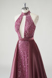 Halter Cut Out Sequins Purple Mermaid Formal Dress With Detachable Skirt Overlay