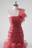 One Shoulder Red Tiered Ruffles Sequins Formal Dress