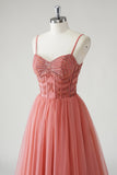 Blush A Line Spaghetti Straps Ruched Sequins Corset Formal Dress