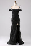 Black Mermaid Cold Shoulder Long Prom Dress with Slit