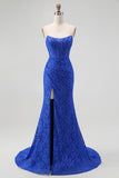 Royal Blue Strapless Corset Mermaid Lace Prom Dress