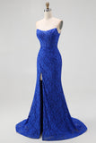Royal Blue Strapless Corset Mermaid Lace Prom Dress