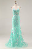 Mermaid Sequins Corset Long Mint Green Prom Dress with Embroidery