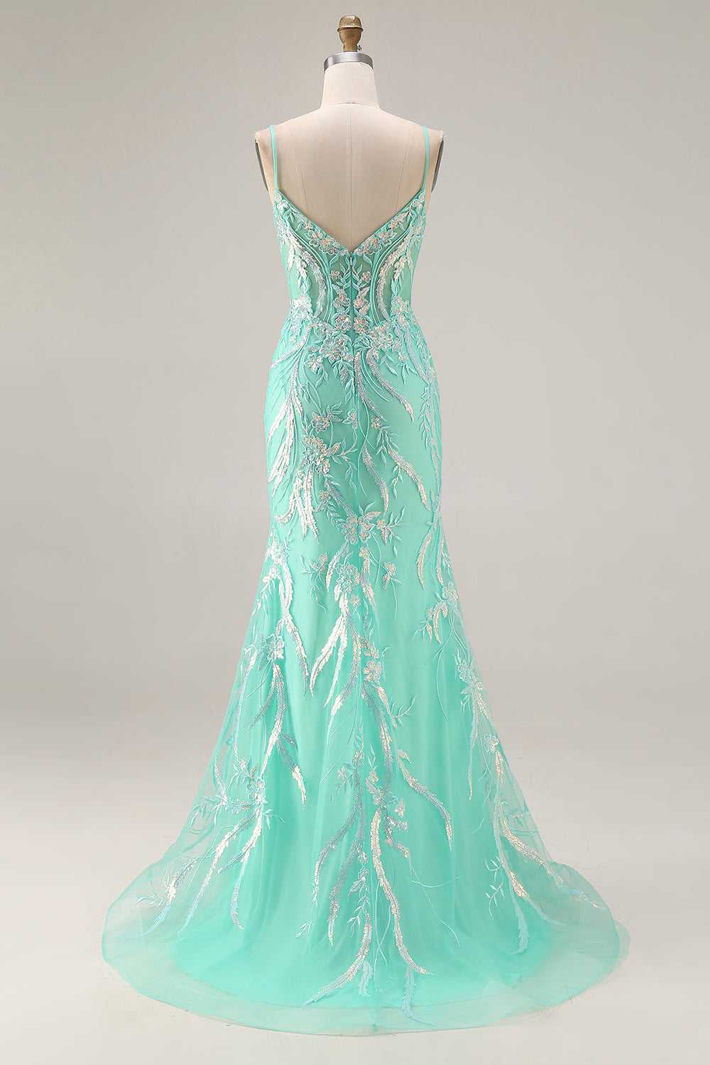 ZAPAKA Women Mint Green Long Prom Dress Mermaid Sequins Spaghetti Straps Corset Party Dress with Embroidery ZAPAKA Women Mint Green Long Prom Dress Mermaid Sequins Spaghetti Straps Corset Party Dress with Embroidery