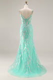 Mermaid Sequins Corset Long Mint Green Prom Dress with Embroidery