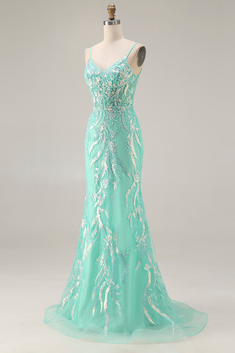 ZAPAKA Women Mint Green Long Prom Dress Mermaid Sequins Spaghetti Straps Corset Party Dress with Embroidery, Mint Green / US8 ZAPAKA Women Mint Green Long Prom Dress Mermaid Sequins Spaghetti Straps Corset Party Dress with Embroidery, Mint Green / US8