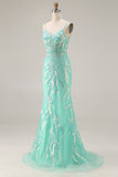 Mermaid Sequins Corset Long Mint Green Prom Dress with Embroidery