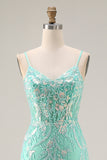 Mermaid Sequins Corset Long Mint Green Prom Dress with Embroidery