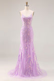 Sparkly Purple Mermaid Corset Sequins Long Prom Dress with Lace Appliques