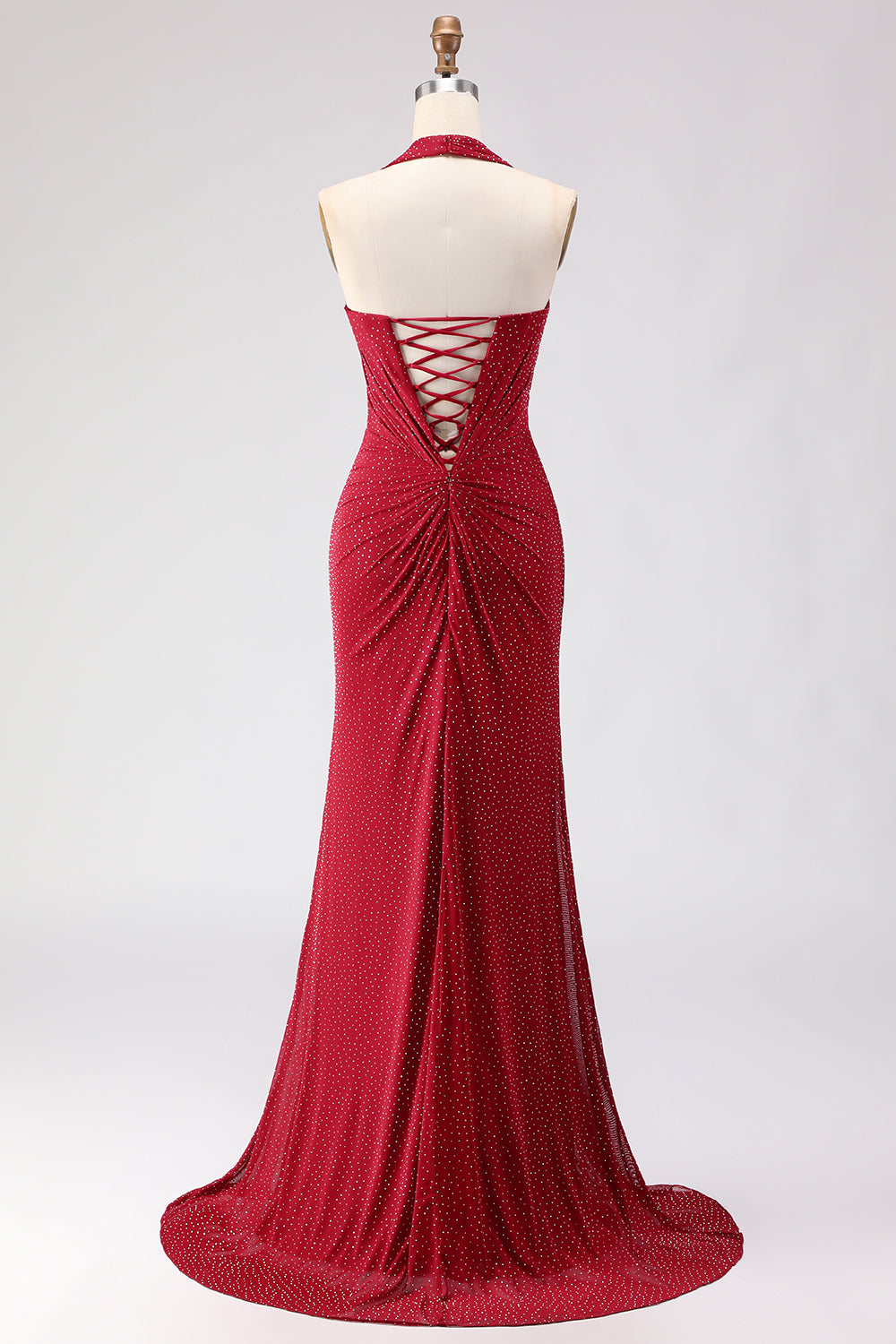 Zapaka Women Dark Red Long Prom Dress with Slit Mermaid Halter Beaded Ruched Satin Party Dress with Lace Up Back, Dark Red / US6 Zapaka Women Dark Red Long Prom Dress with Slit Mermaid Halter Beaded Ruched Satin Party Dress with Lace Up Back, Dark Red / US6