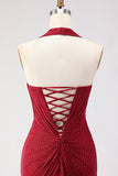 Dark Red Halter Beaded Mermaid Lace Up Back Long Prom Dress with Slit