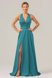 Pink A Line V-Neck Backless Satin Long Bridesmaid Dress with Slit