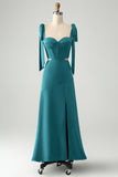 Olive  A Line Spaghetti Straps Floor Length Wedding Guest Dress with Slit