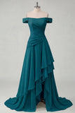 Off the Shoulder Chiffon Butter Yellow A-Line Ruched Maxi Dress with Slit