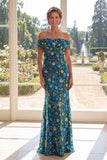 Blue Off the Shoulder Multi Floral Mermaid Tulle Embroidered Mother Of the Bride Dress