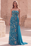 Strapless Pink Mermaid Beaded Floral Long Prom Dress with Sash