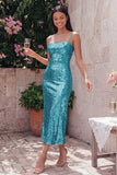 Sparkly Gold Bodycon Spaghetti Straps Midi Dress with Sequins