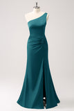 Olive One Shoulder Mermaid Satin Long Bridesmaid Dress