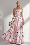 Floral Blue A-Line Strapless Printed Long Bridesmaid Dress