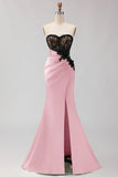 Strapless Mermaid Black Green Appliqued Lace Long Prom Dress with Slit
