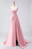 Royal Blue Strapless Mermaid Beaded Long Satin Prom Dress with Slit