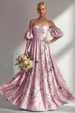 A-Line Pink Strapless Floral Long Bridesmaid Dress with Puff Sleeves