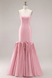 Fuchsia Strapless Satin Mermaid Long Prom Dress with 3D Flowers