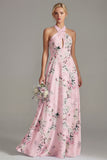 Pink A-Line Halter Neck Floral Long Bridesmaid Dress