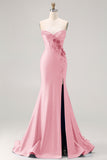 Royal Blue Strapless Mermaid 3D Flowers Beaded Long Prom Dress with Slit