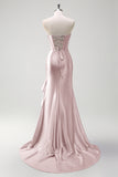 Pink Strapless Corset Mermaid Plus Size Long Prom Dress with Ruffle Slit