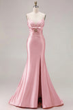 Fuchsia Mermaid Cut Out Satin Pleated Bowed Long Prom Dress with Slit