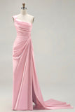 Green One Shoulder Ruched Sheath Long Prom Dress with Slit