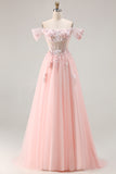 Pink A Line Off the Shoulder Beaded Sheer Corset Long Prom Dress with Sequins
