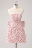 Fuchsia A Line Floral Strapless Brocade Short Homecoming Dress with Back Giant Bow