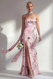 Mermaid Pink Strapless Floral Printed Long Bridesmaid Dress with Slit