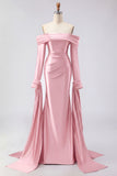 Dark Green Off The Shoulder Ruched Satin Mermaid Long Prom Dress with Long Sleeves