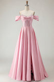 Off The Shoulder A Line Beaded Satin Purple Long Prom Dress with Slit