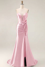 Mermaid Strapless Beaded Corset Ruched Long Prom Dress with Bow