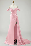 Golden Mermaid Off the Shoulder Beaded Pleated Satin Long Prom Dress with Slit