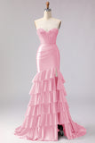 Red Mermaid Sweetheart Beaded Corset Ruffled Long Prom Dress with Slit