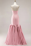 Fuchsia Strapless Satin Mermaid Long Prom Dress with 3D Flowers