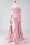 Dark Green Off The Shoulder Ruched Satin Mermaid Long Prom Dress with Long Sleeves