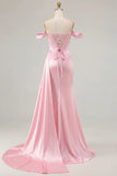 Golden Mermaid Off the Shoulder Beaded Pleated Satin Long Prom Dress with Slit