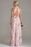 Pink A-Line Halter Neck Floral Long Bridesmaid Dress