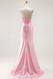 Red Strapless Mermaid Corset Beaded Ruched Satin Long Prom Dress with Slit