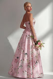 Floral Blue A-Line Strapless Printed Long Bridesmaid Dress