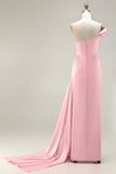 Green One Shoulder Ruched Sheath Long Prom Dress with Slit